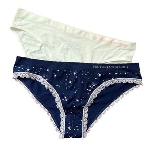 Victorias Secret Cheekini Panty Set 2PK Navy Star Lace White Logo Large NEW